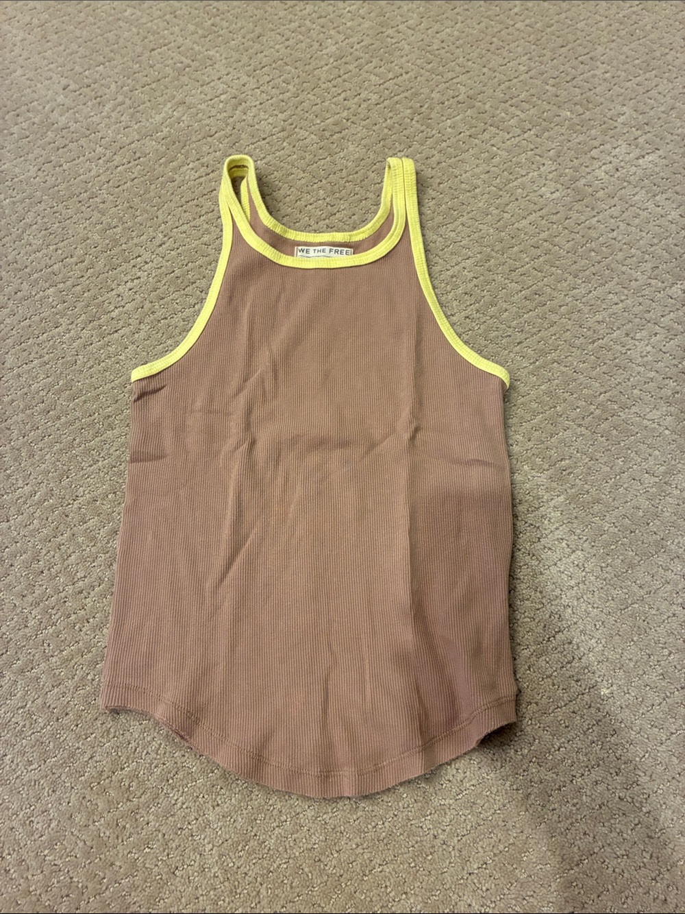 We The Free Brown Ribbed Tank with Yellow Trim Binding